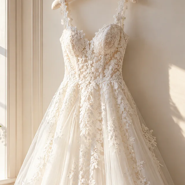Brautkleid mit feiner Spitze am Bügel