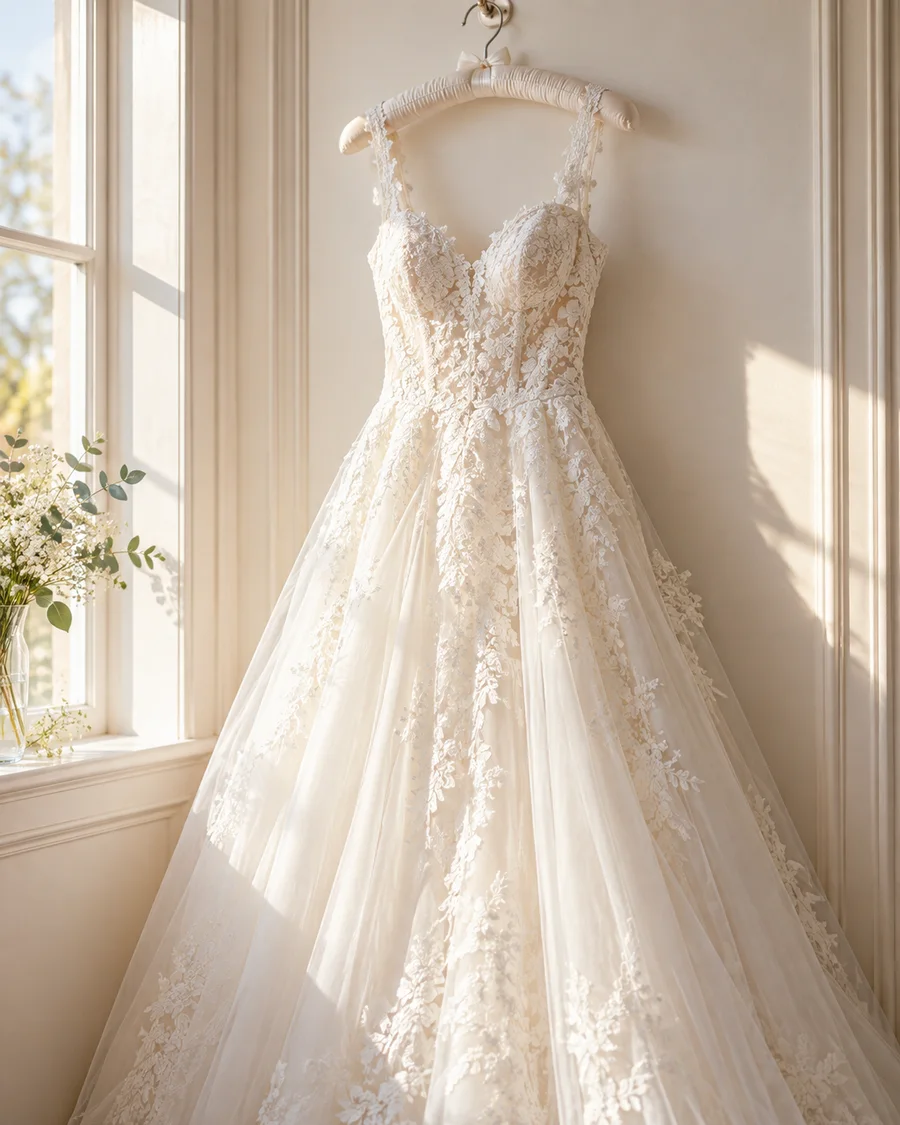 Frisch gereinigtes Brautkleid mit Spitze am Bügel
